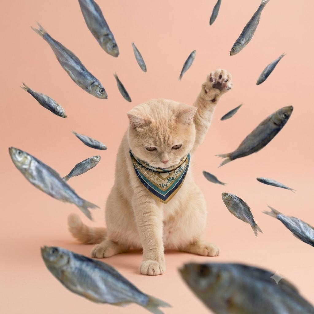 Cat with fish flying around
