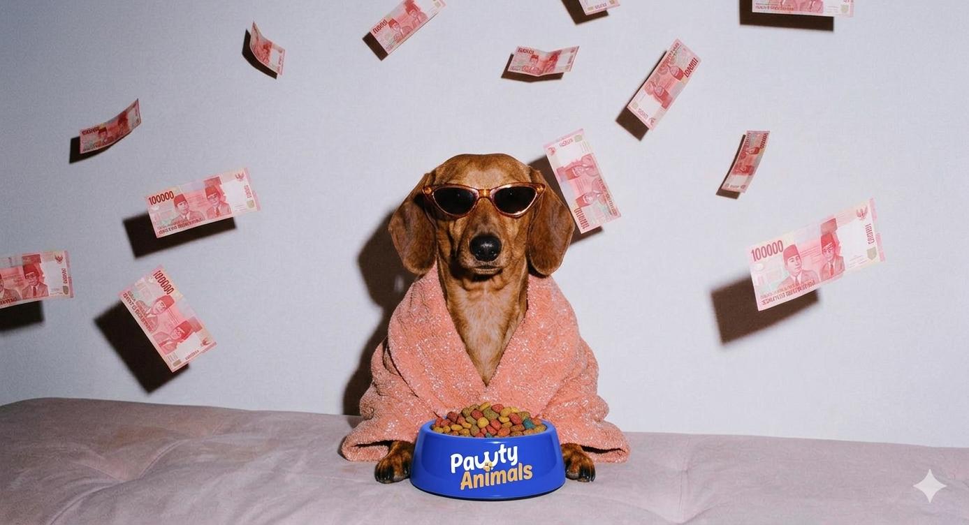 Dog in a robe with money raining over a Pawty Animals bowl