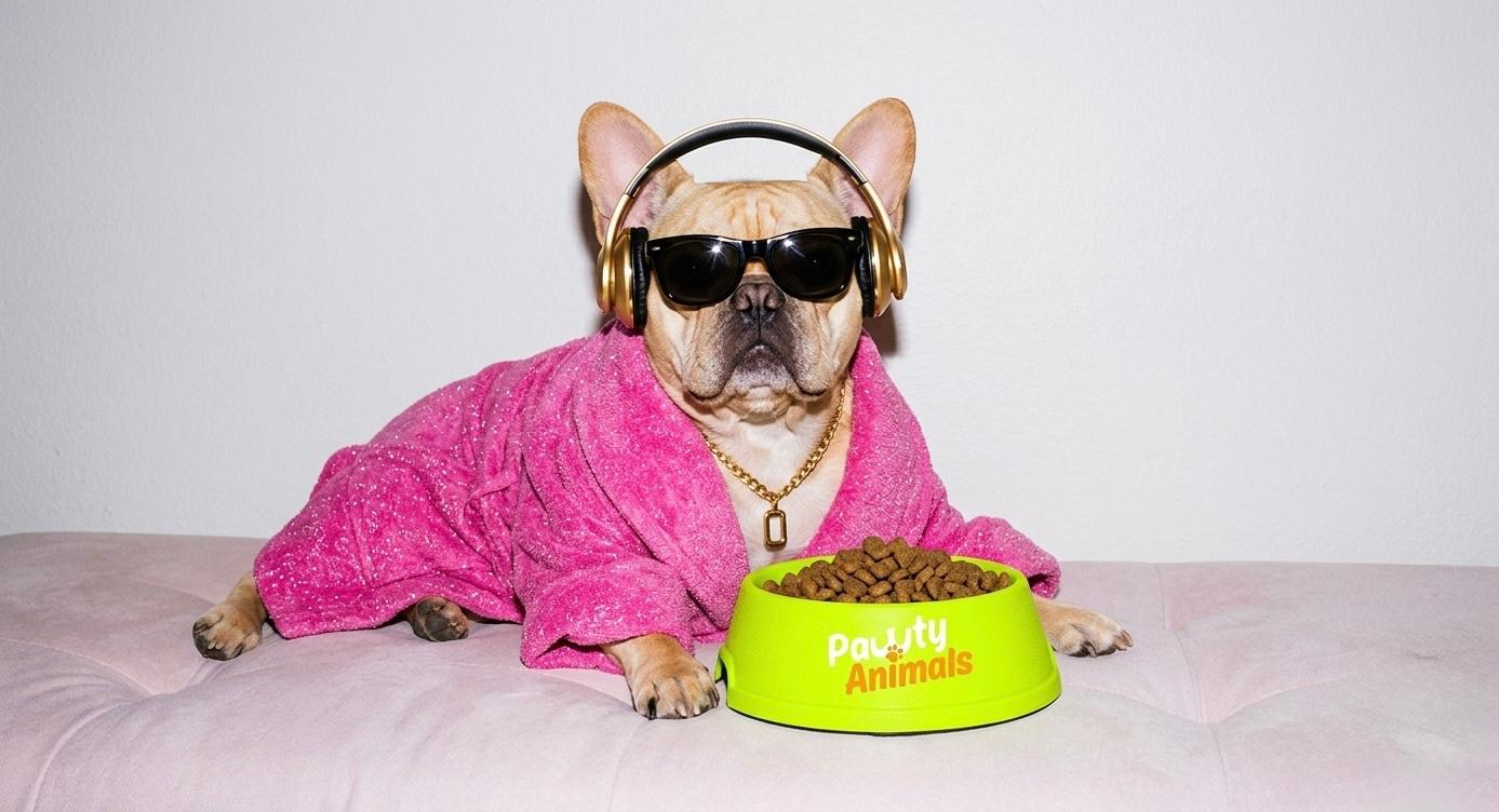 Frenchie in a pink robe with a Pawty Animals bowl